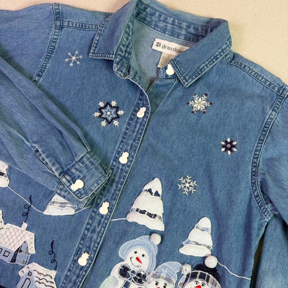 Vintage Dressbarn Denim Embroidered Snowman Winter Holiday Button Up Womens S